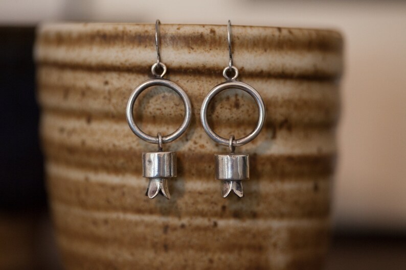 Modern Sterling Silver Squash Blossom Hoop Dangle Earrings
