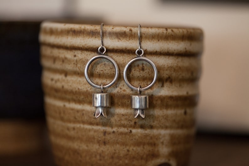 Modern Sterling Silver Squash Blossom Hoop Dangle Earrings