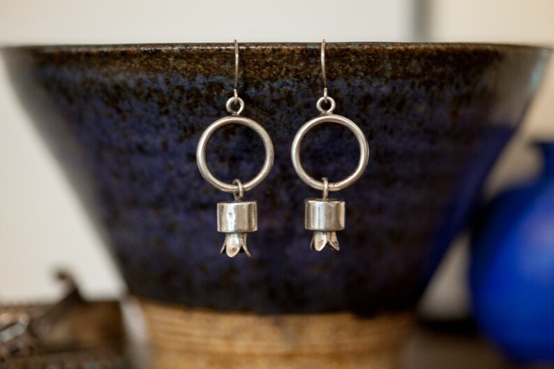 Modern Sterling Silver Squash Blossom Hoop Dangle Earrings