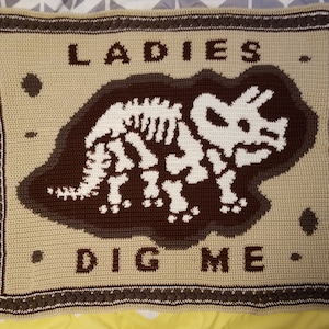 Puede incluir: Manta de ganchillo con un diseño de esqueleto de dinosaurio. La manta tiene un fondo beige con un borde marrón y un esqueleto de dinosaurio marrón oscuro en el centro. Las palabras "LADIES DIG ME" están cosidas encima y debajo del dinosaurio.