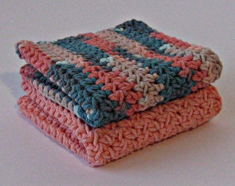 Crochet Cotton Dishcloths Set of 2 in Teal Pink, 2-Piece Spa Washcloth Set, Eco-friendly Cleaning Rags