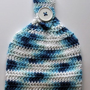 Crochet Cotton Hanging Kitchen Towel, Crochet Blue Turquoise & White Hand Towel, Blue White Kitchen Decor, Country Farmhouse Kitchen Decor