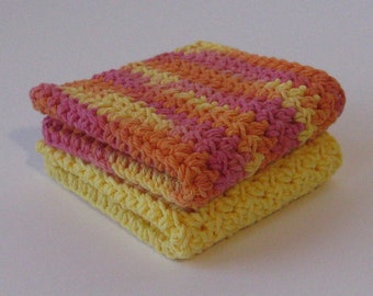 Crochet Cotton Dishcloths Set of 2 in Yellow and Pink, 2-Piece Spa Washcloth Set, Eco-friendly Cleaning Rags
