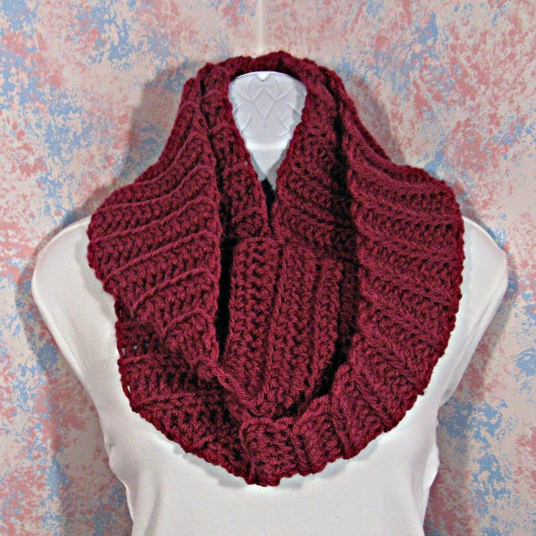 Womens Long Thick Crochet Infinity Scarf in Magenta Red Pink, Soft Acrylic Crochet Circle Scarf, Easy Care Acrylic Infinity Scarf