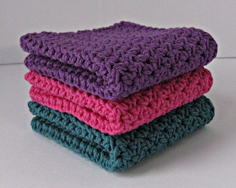 Crochet Dishcloths Set in Purple Hot Pink Teal, Eco-friendly Cotton Dishcloths, Minimalist Kitchen Decor, Cotton Washcloth Set