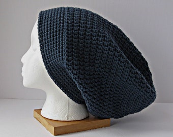 Oversized Unisex Indigo Blue Crochet Slouchy Hat, XL Dark Blue Crochet Slouchy Beanie for Men or Women, Large Hat for Lots of Hair or Locs