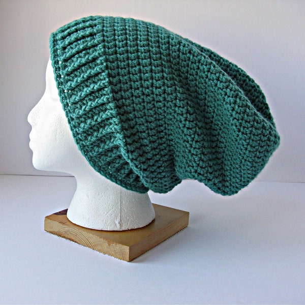 Oversized Green Crochet Slouchy Hat, Unisex Green Slouchy Beanie Hat, Warm Winter Jade Green Crochet Hat, Large Size Acrylic Slouchy Hat