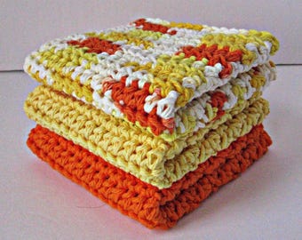 Crochet Cotton Dishcloth Set: Yellow & Orange Kitchen Cleaning Cloths