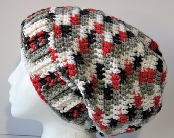 Womens Red Gray Black Cream Crochet Slouchy Hat, Women’s Multicolor Hat, Red Gray Black Cream Check Pattern Crochet Hat