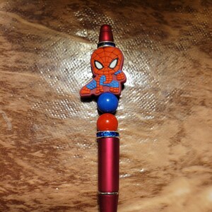 Spiderman Beaded Pen - Pen - Black ink - Charm Red Blue Bead Beaded Superhero Web Slinger spider-man logo