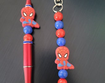 Spiderman Keychain & Pen Set-Key Ring Chain Keyring Black Ink Red Pen Charm Fob Red Blue Backpack Superhero