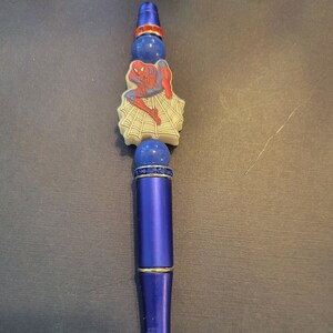 Spiderman Beaded Pen - Pen - Black ink - Charm, Blue Bead Beaded Superhero Web Slinger spider-man logo