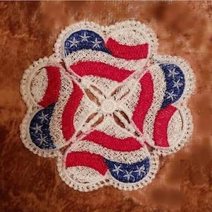 Embroidered Patriotic Flag Red White Blue wirh stars Doily Coaster
