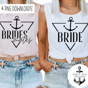 Może przedstawiać: Dwie białe tank topy z czarnymi wzorami kotwicy i trójkąta. Jeden z napisem "Bride", a drugi "Bridesmaids". Topy noszą dwie kobiety w dżinsowych szortach. W prawym dolnym rogu znajduje się małe logo "Anchors Away Monograms".
