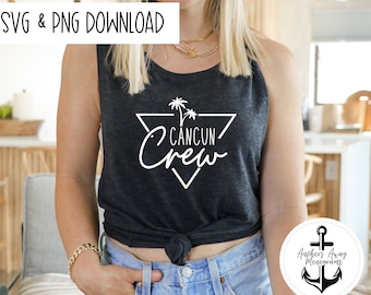 May include: A black tank top with a white graphic design of palm trees and a triangle with the text "Cancun Crew".