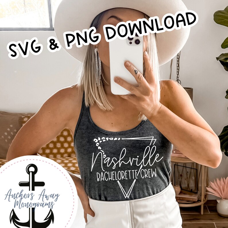 May include: A gray tank top with the text "Nashville Bachelorette Crew" in white lettering. The tank top has a geometric design with a white anchor in the center.