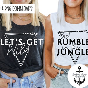 May include: Two black and white tank tops with graphic designs. The first tank top says "Let's Get Wild" in a triangle shape. The second tank top says "Last Rumble in the Jungle" in a triangle shape. Both tank tops have a leopard print design.
