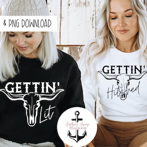 May include: Two people wearing black and white sweatshirts with a cow skull graphic and the text "Gettin' Lit" and "Gettin' Hitched".