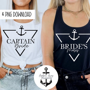 Może przedstawiać: Dwie białe tank topy z czarnym tekstem i czarną grafiką kotwicy. Tekst na lewym tank topie brzmi "Captain Bride", a tekst na prawym tank topie brzmi "Bride's Mates".