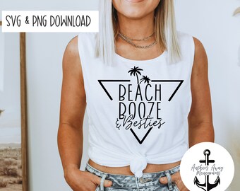 May include: White tank top with a black triangle design and the text "Beach Booze & Besties" inside. Palm trees are depicted above the text. The tank top is worn by a person with a necklace. A logo for Anchors Away Monograms is in the lower right corner of the image.