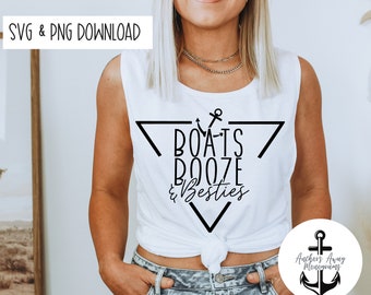 May include: White tank top with a black triangle design and the text "BOATS BOOZE & Bestie" inside. The design includes a small anchor symbol. The tank top is worn by a person with a silver chain necklace. A small white circle with a black anchor symbol and the text "Anchors Away Monograms" is in the lower right corner of the image.