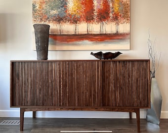 Modern Storage Cabinet with Sliding Doors, Adjustable Shelves Sideboard, Walnut Buffet Credenza, MCM Wood Console Cabinet