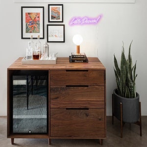 Santa Elena” cabinet with Mini Fridge / Wine Cooler, 3 drawers for storage, tapered legs & multiple wood options