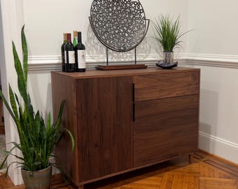 Custom Coffee Bar Cabinet with Mini Fridge Space, Wine Cooler Cabinet, Modern Home Bar Console, Walnut Drink Station Storage