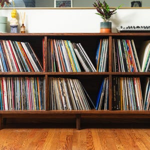 May include: A dark brown wooden storage unit with six rectangular compartments, each filled with rows of vinyl records. The furniture piece features a horizontal design with short, sturdy legs and a smooth, polished finish throughout.