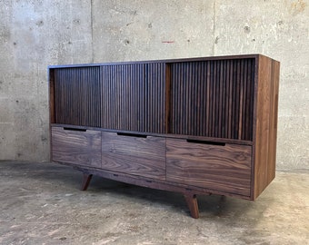 Media storage cabinet, sideboard, tv stand. “The Palisade Cabinet”, pictured in walnut.