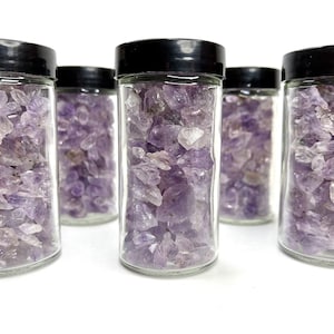 Brazilian Purple Amethyst Points & Pieces in Glass Jar, black lid, Natural Amethyst Points, Chips, Pieces Raw