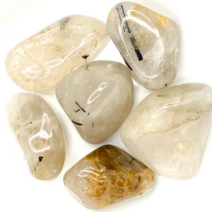 6 White Quartz Stones with Black tourmaline inclusions | tumbled polished gemstones |crystal healing | home decor | collection | gift