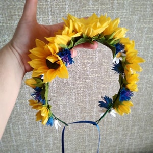 Sunflower wedding crown Yellow blue headband Bridal flower hair piece Floral headpiece Ukrainian wreath sellers shops artists