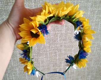 Sunflower Wedding Crown Blue Cornflower Floral Headpiece