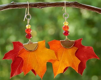 Maple leaf autumn earrings Fall jewelry for women Dangle drop earrings Floral botanical jewelry Thanksgiving gift