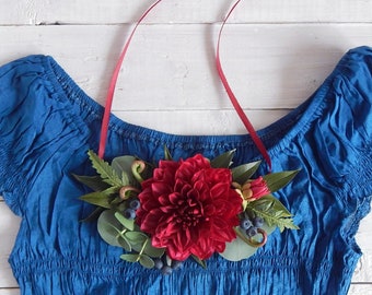 Statement floral bib necklace for women Flower botanical necklace Burgundy and navy blue wedding Dahlia necklace