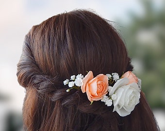 Baby breath hair pin babys breath flower hair pins Peach rose hair clip White rose hair pin Wedding headpiece Gypsophila Bridal hair piece