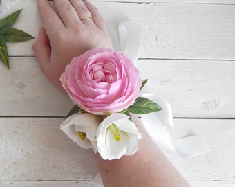 Pink peony flower wrist corsage Bridal shower corsage Prom wrist corsage Flower bracelet