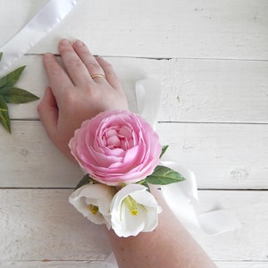 Pink peony flower wrist corsage Bridal shower corsage Prom wrist corsage Flower bracelet