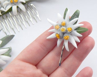 White Edelweiss floral hair pin Small flower bobby pin Wedding flower lapel pin Edelweiss gift for mountain lover