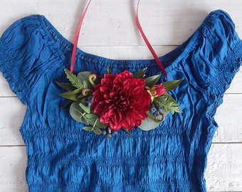 Flower botanical necklace for women Statement floral bib necklace Burgundy navy blue wedding