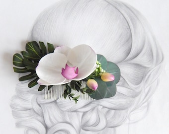 Orchid Eucalyptus Hair Comb Tropical Hawaiian Wedding Hair Piece Bridal floral headpiece