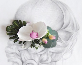 Orchid flower hair clip Wedding hair piece Tropical headpiece Eucalyptus hair comb Monstera Hawaiian hair flower Floral hair piece Bridal