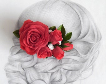 Red flower rose hair clip Bridal hair comb Wedding headpiece Bridal floral hair piece Flower barrette fascinator