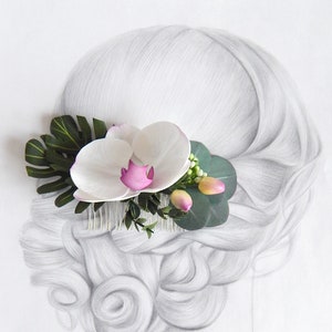 Orchid flower hair clip Wedding hair piece Tropical headpiece Eucalyptus hair comb Monstera Hawaiian hair flower Floral hair piece Bridal