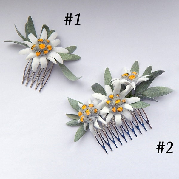 Edelweiss flower hair comb Small hair comb Wedding floral hair piece Edelweiss gift for her Mountain flower hairpiece