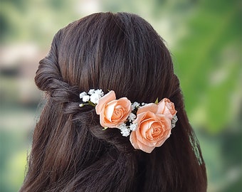 Peach flower rose hair pins  Baby breath hair pin Wedding headpiece Floral hair piece Bridal hair accessory Gypsophila