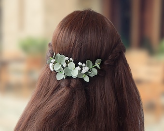 Eucalyptus babys breath hair pins Greenery bridal hair piece Wedding headpiece White gypsophila flower