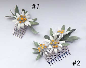 Edelweiss flower hair comb Small hair comb Wedding floral hair piece Edelweiss gift for her Mountain flower hairpiece
