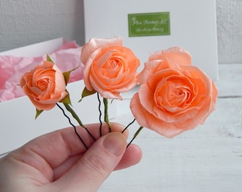 Peach Rose Hair Pins Bridal Flower Headpiece Wedding floral hair piece